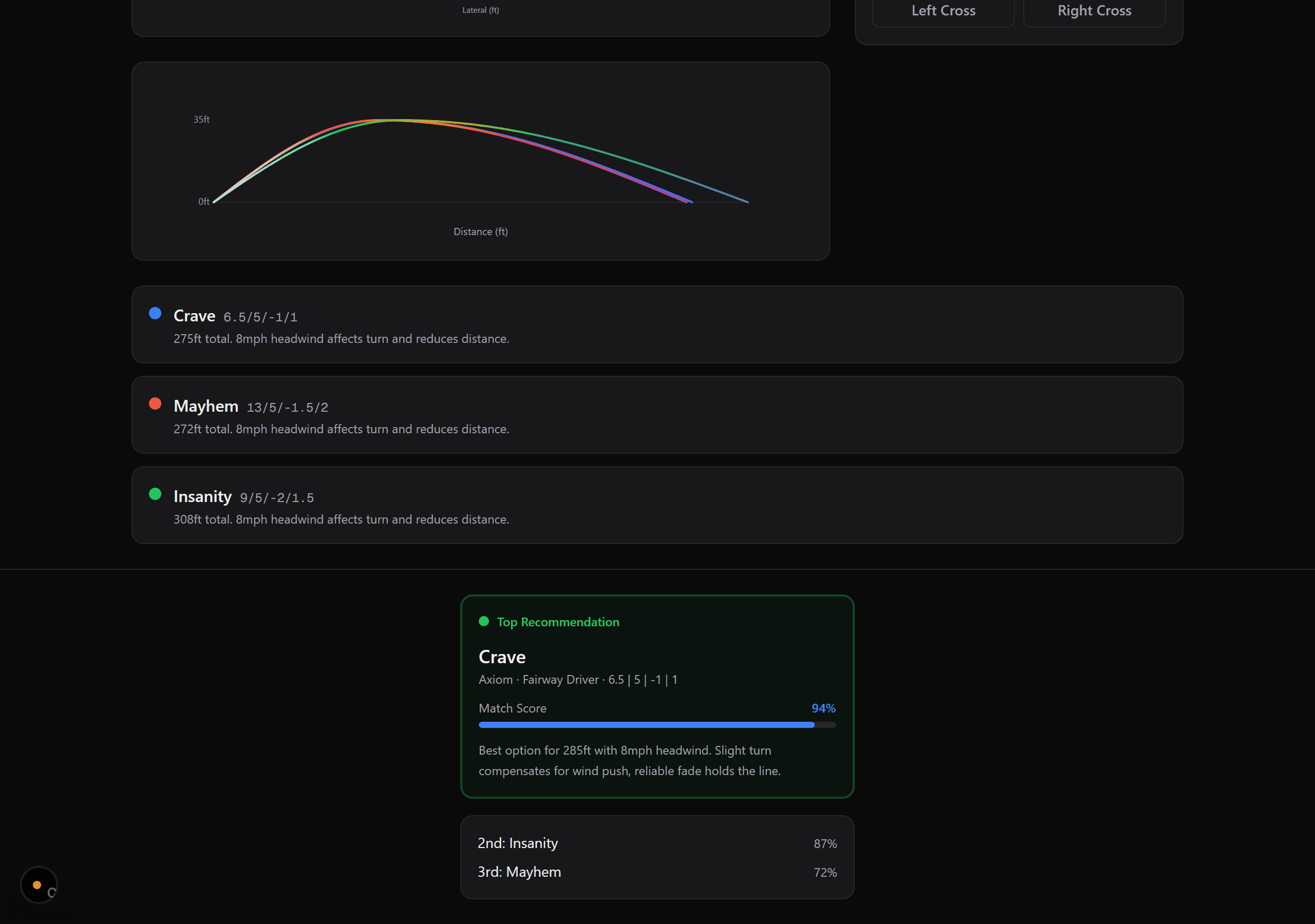 FlightIQ flight simulator showing disc comparison with wind adjustment